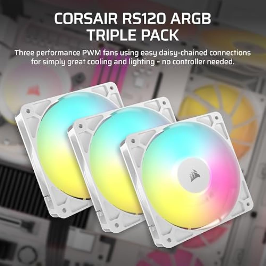 CORSAIR RS120 ARGB 120mm PWM Fans – Daisy-Chain Connection – Low-Noise – Magnetic Dome Bearing – Triple Pack – White
