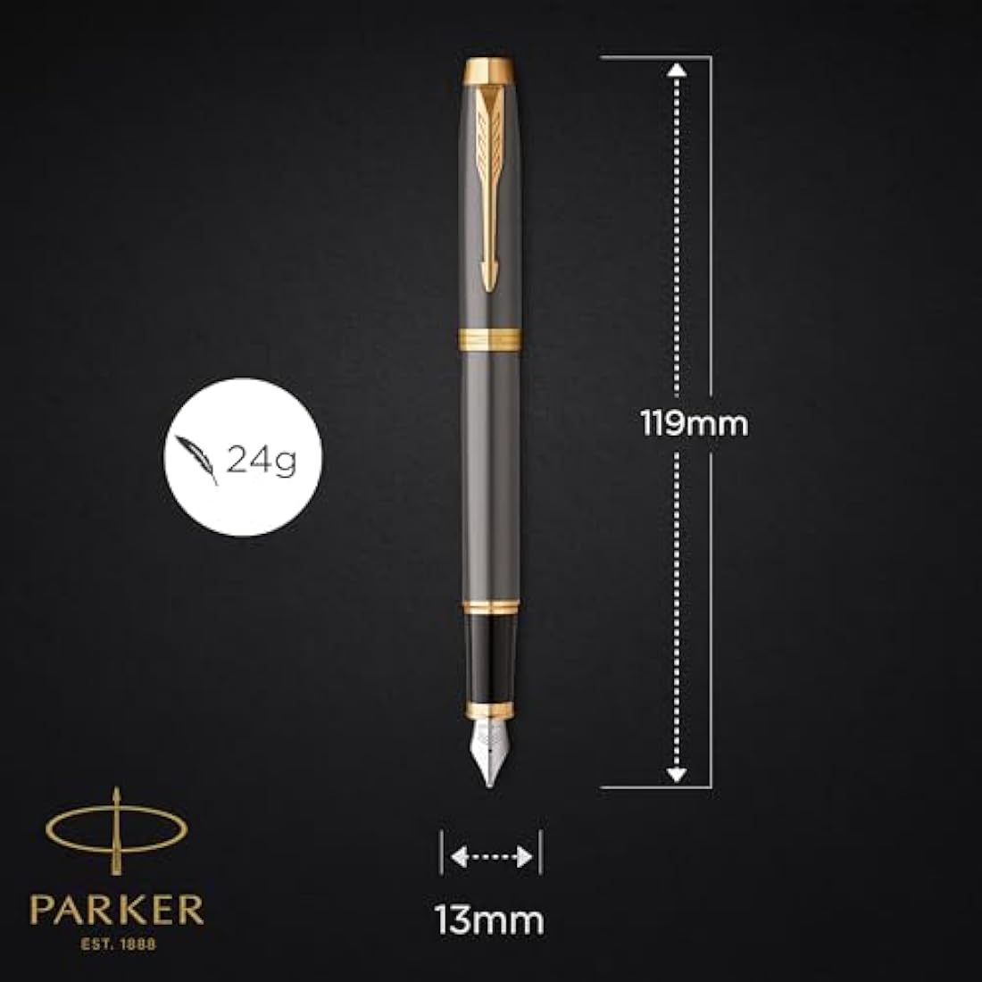 Parker IM Fountain Pen | Grey Lacquer with Gold Trims | Fine Polished Stainless Steel Nib | Blue Ink Cartridge Refill | Gift Box | Perfect Graduation Gifts