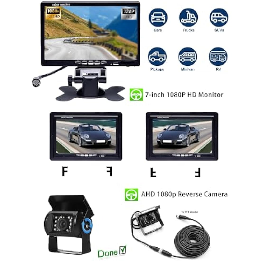 BEYI 1080P Car Reversing Camera Kit - 7" LCD HD Screen IP68 Waterproof Wired Reverse Camera, 12V-24V parking Sensor kit Night Vision Backup Camera with 15M Cable for Vans RV Bus Truck Trailer Campers
