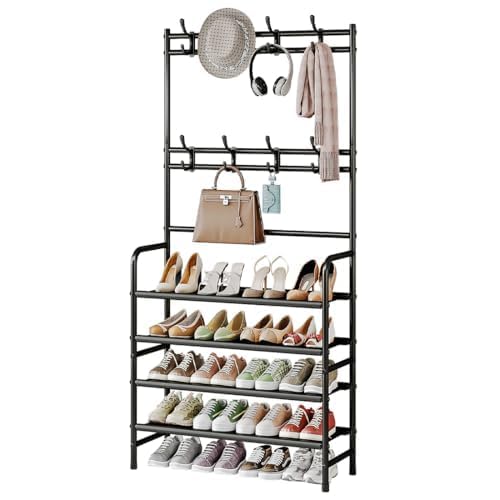 Dazioter Coat Rack Shoe Rack With Storage Shelf Freestanding with 8 Hooks for Entryway Bedroom Closet 4 Tier, Black