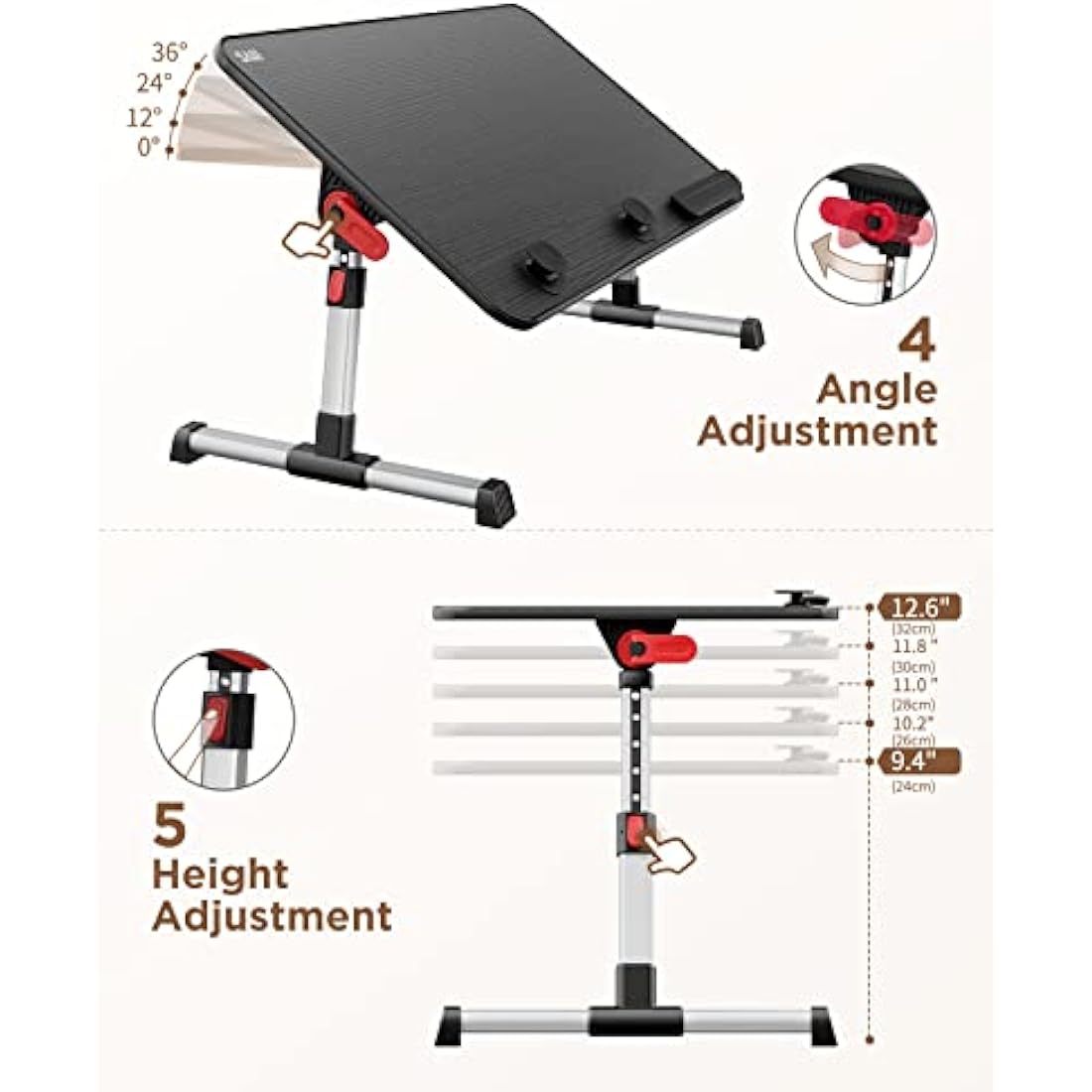 SAIJI Table, Height Adjustable Bed Table, with 4 Adjustable Angles, Foldable Laptop Desk, for Sofa Couch Floor Work Study Reading Writing Breakfast, Fits up to 17'' Laptop (60 x 33 cm, Black)