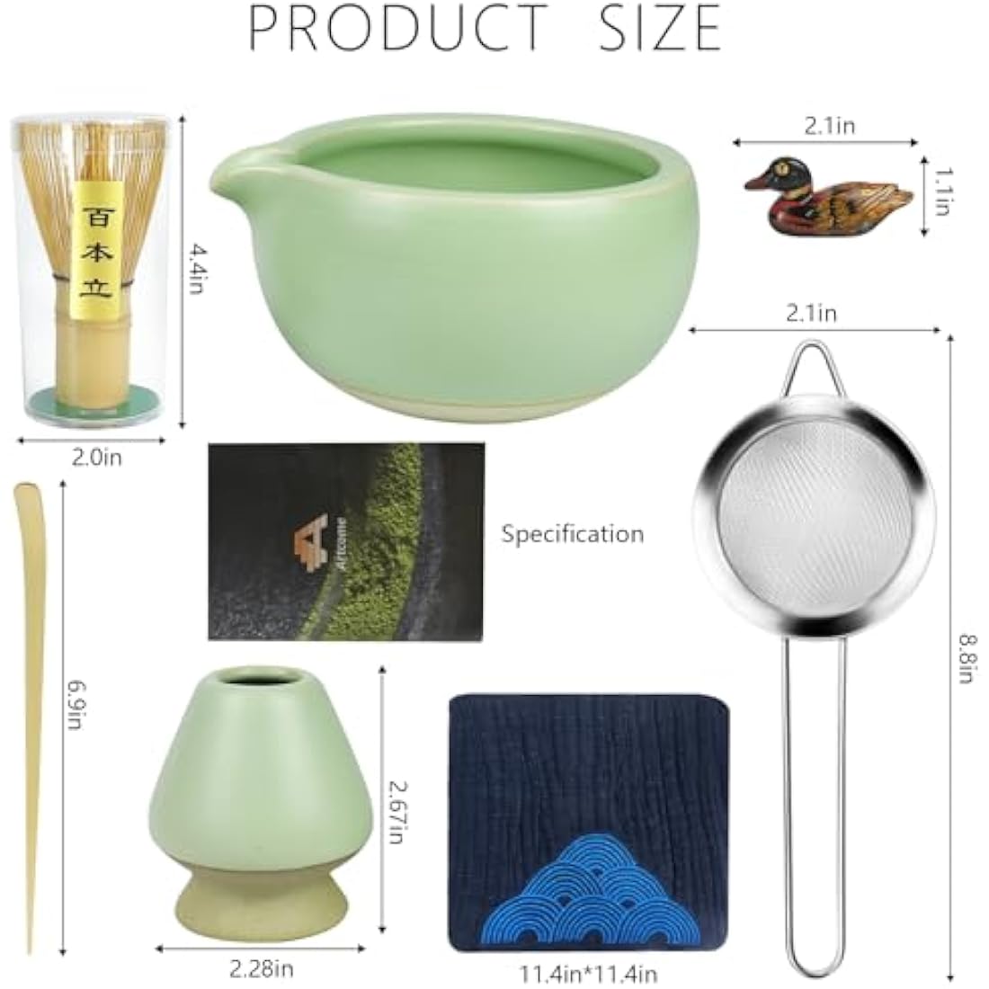 Artcome 7 Pcs Complete Matcha Tea Ceremony Kit - Bowl, Whisk, Scoop, Strainer, Powder, Set for Usucha, Koicha, Latte (Green)