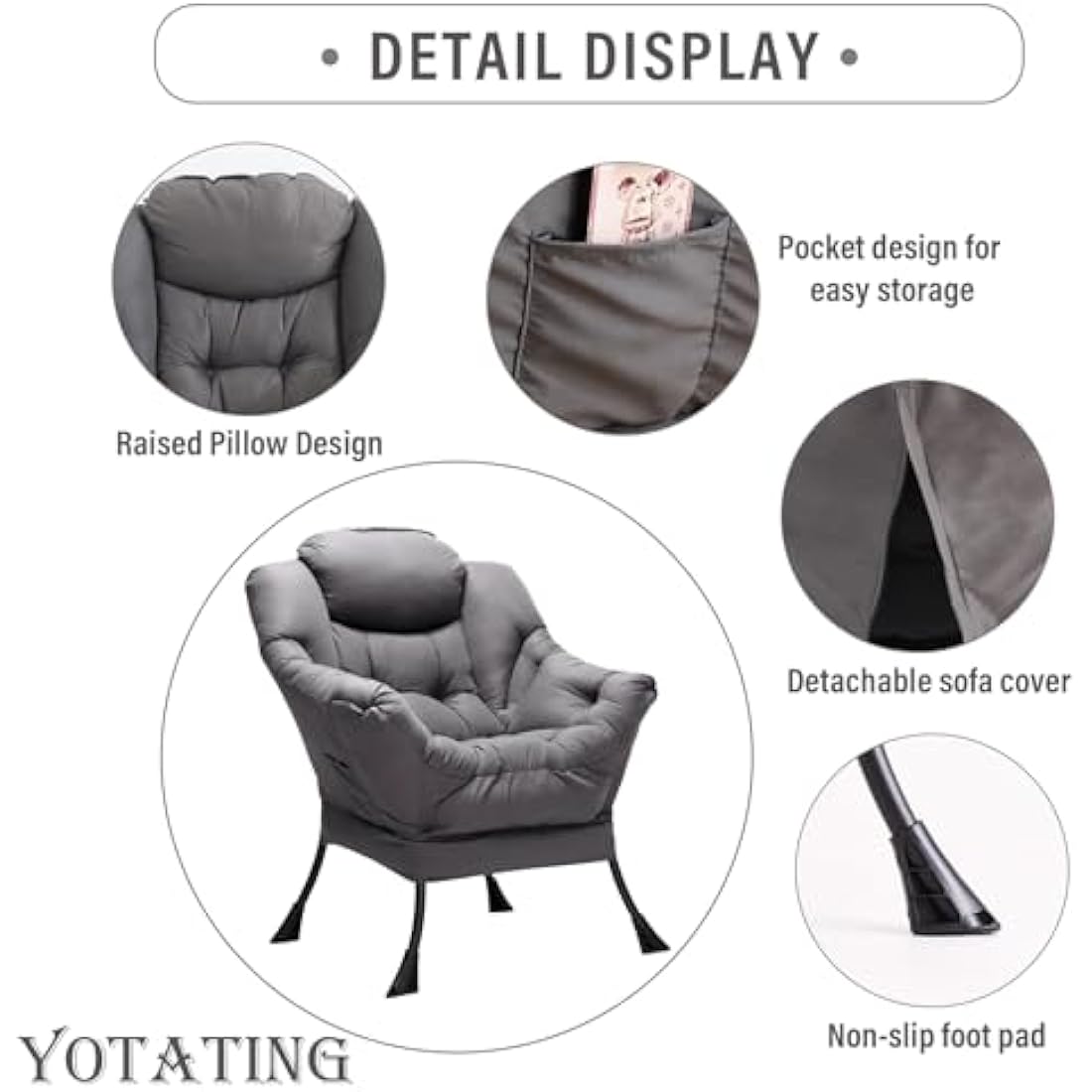 YOTATING Comfy Armchair with Footstool, Lazy Chair with Ottoman Leisure Accent Chair Relax Lounge Chair with Armrests & Side Pocket for Living Room, Bedroom & Small Spaces Armchair, Dark Grey
