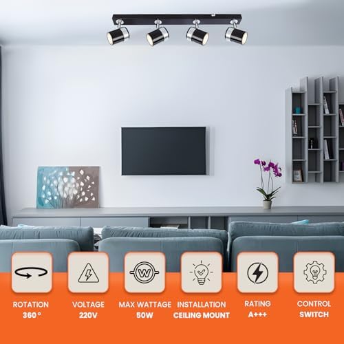 UKEW Modern 4 Way Ceiling Spotlight - Straight Bar Lighting with Adjustable Heads - Stylish Spotbar GU10 LED Light for Kitchen Living Room (Black)
