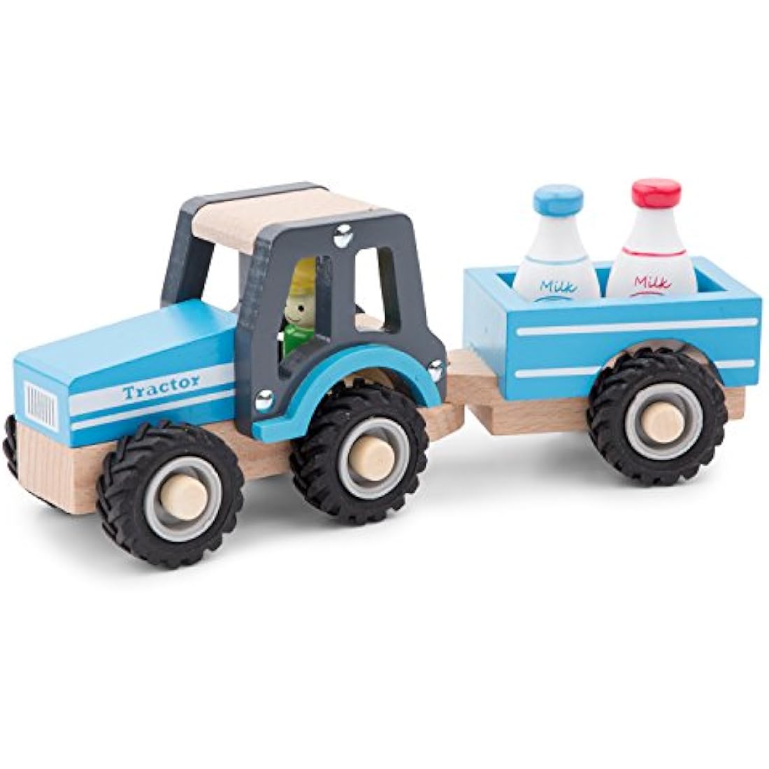 New Classic Toys 11942 Wooden Tractor with Trailer and Milk Bottles for Children 18 Months and Up Boys and Girls Baby Gifts, Blue