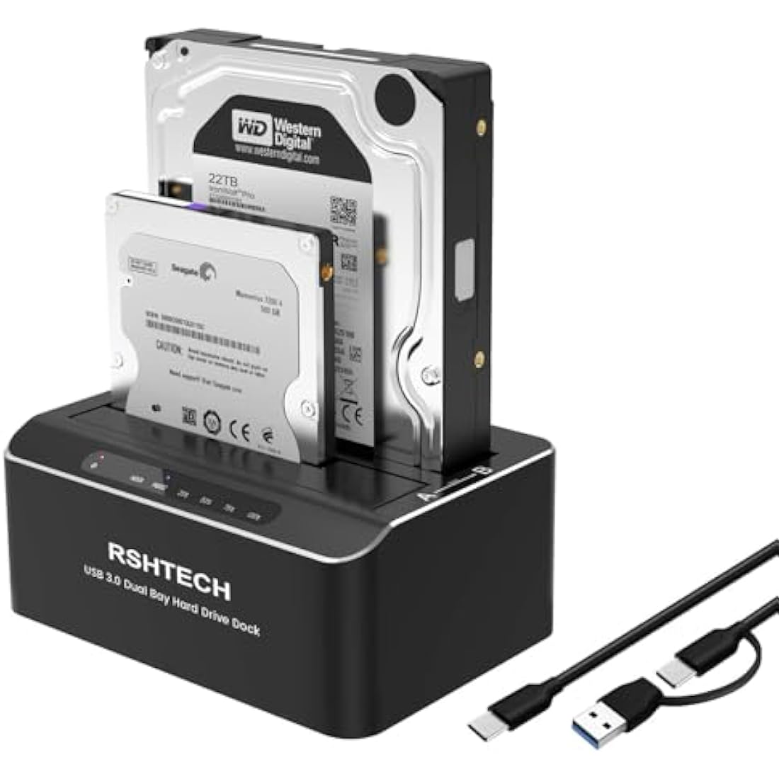 RSHTECH Hard Drive Docking Station Dual Bay, Aluminum External 2.5 & 3.5 inch SATA HDD/SSD Enclosure , USB 3.0 Type-C/A to SATA HDD Caddy, Supports UASP, Offline Clone, Tool-Free, 2x 22TB (RSH-DS01C)