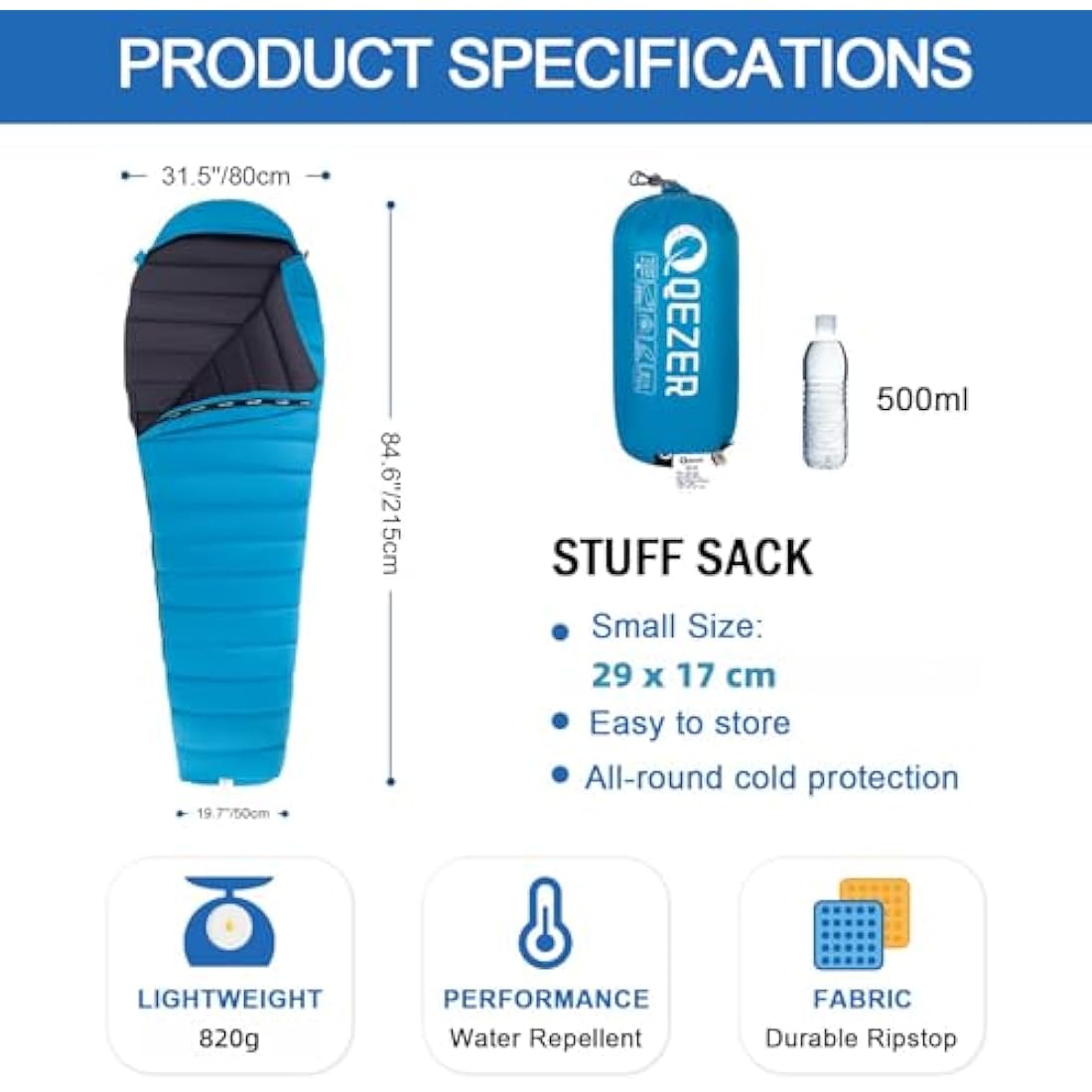 QEZER Ultralight Sleeping Bag for Adults,only 780g Backpacking Sleeping Bag Filled 600+FP Duck Down 5°C 15°C for Camping,and Hiking,Warehouse Outdoor