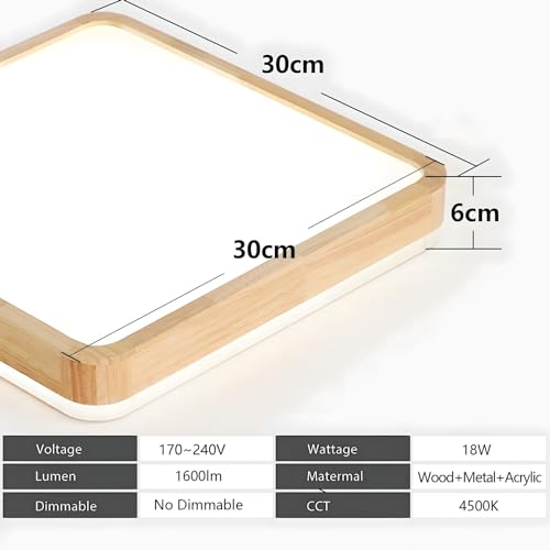 YYUTLUO LED Ceiling Light Wood, Top 360 Glow Square Natural Wooden Lamp | 4500K Natural White, 18W 1600lm | Living Room, Kitchen, Dining Room,