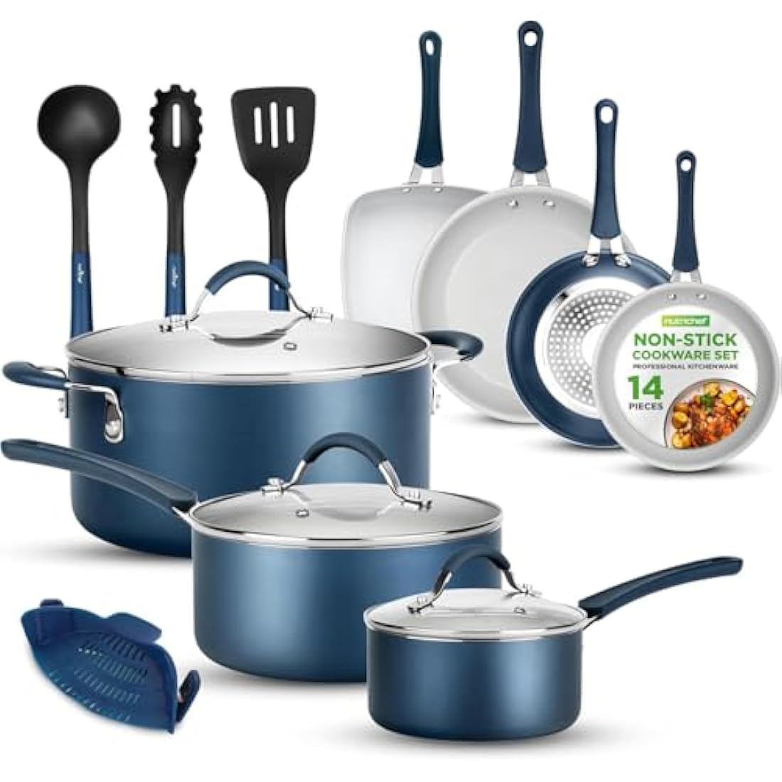 NutriChef, Stackable Pots and Pans Set - Ceramic Non Stick Pan Set, Induction Hob Cookware Set, Premium Cooking Set w/Lids, Heat Resistant, 14 Pcs, Blue