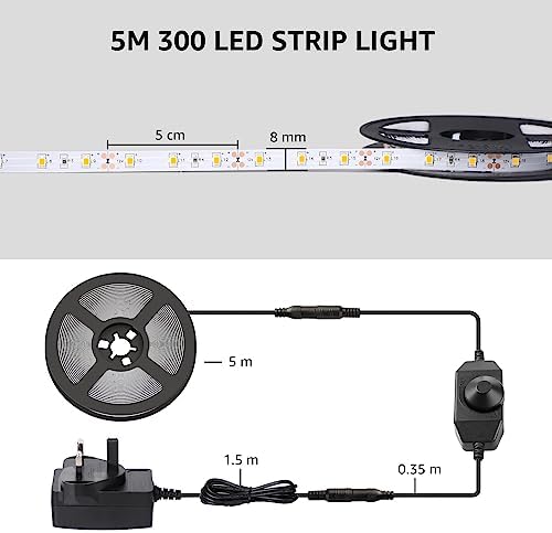 Lepro Warm White LED Strip Light 5M 300 LEDs, 1650lm Dimmable LED Tape Lights, 3000K Flexible LED Lights for Bedroom Kitchen Under Cabinet Wardrobe Stair (12V Power Plug and Dimmer Switch Included)
