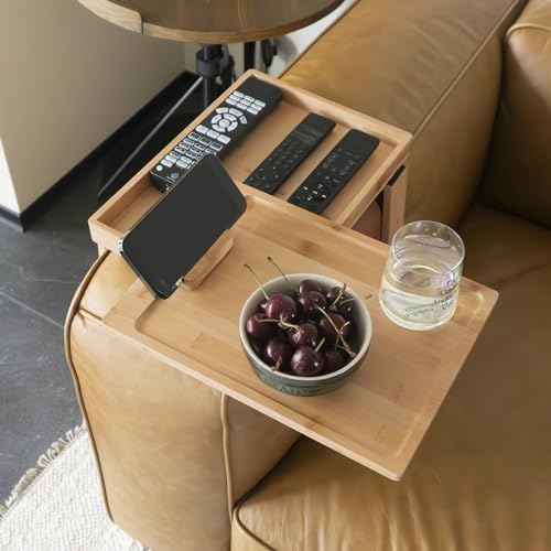 PURASKER Sofa Arm Tray, Bamboo Couch Arm Table, Two-Tier Clip On Tray Sofa Table with 360° Rotating Tabletop and Phone Stand, For Eating and Drinking
