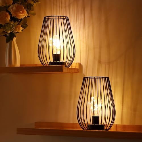 TRIROCKS Metal Cordless Table Lamp 20cm Tall Set of 2 Cage Shape Battery Operated Lanterns with Fairy Lights Bulb for Indoor/Outdoor Use Perfect for Christmas Garden Weddings Events (Black)