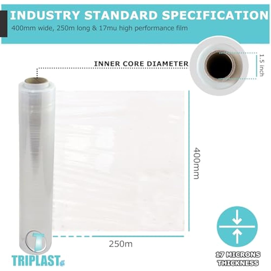 Triplast Pallet Stretch Shrink Wrap Roll (400mm x 250m) - Pick Qty & Colour - Heavy Duty Pallet Wrap, Industrial Stretch Wrap, Packaging Cling Film, Strong Plastic Wrap, Luggage Wrap (Clear, 2 Rolls)