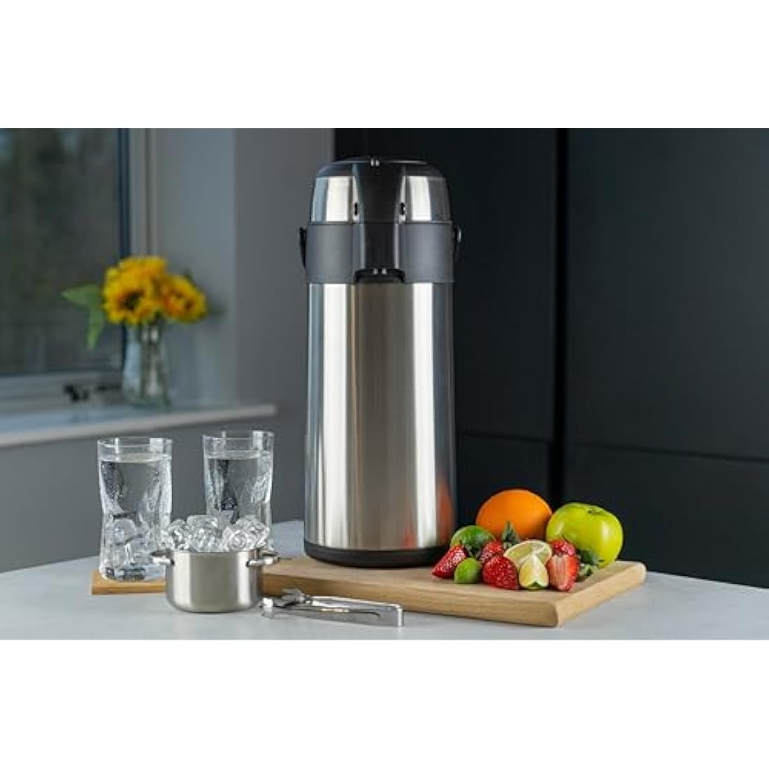 Pioneer Flasks Stainless Steel Airpot Hot Cold Water Tea Coffee Dispenser Conference Event Flask, Satin Finish, 4 litres