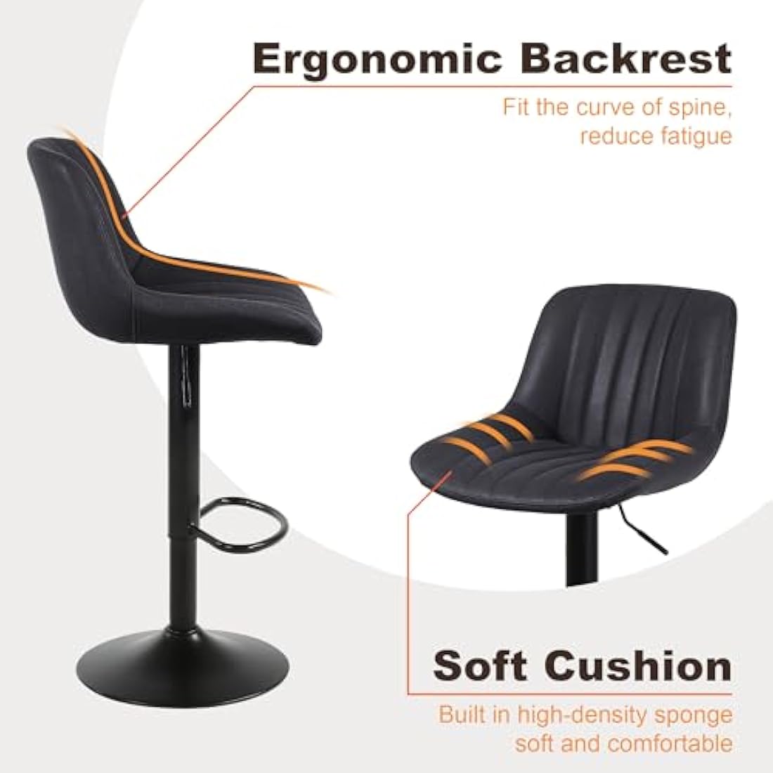 Youhauchair Bar Stools Set of 2, Swivel Counter Height Barstools with Back, Adjustable PU Leather Bar Chairs, Modern Armless Kitchen Island Stool, Black