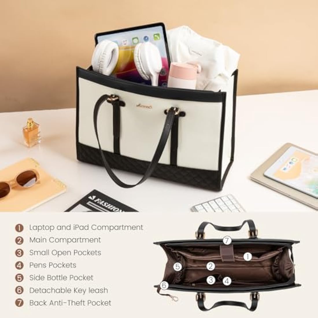 LOVEVOOK Laptop Bags for Women 15.6 Inch, Ladies Handbags for Work Business, Womens Large Tote Bag, Shoulder Bag with Clutch Lightweight for Office Business School College Shopping, Black White