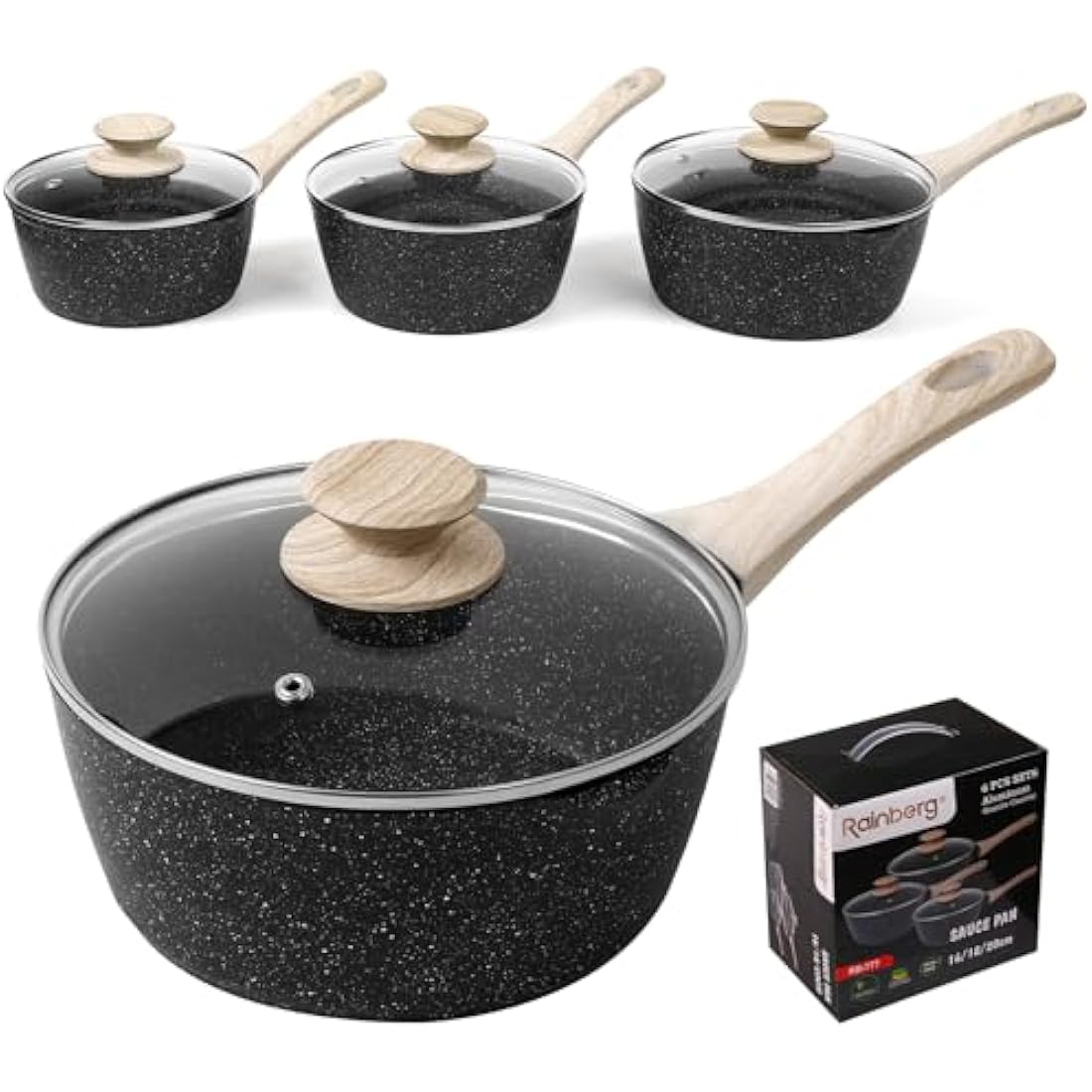 Rainberg Saucepan with Lid, Nonstick Milk Pan Suitable with Induction, Gas and Electric Hobs, Cooking Pot with Pour Spout. (Black, 3PK 16-18 & 20cm)