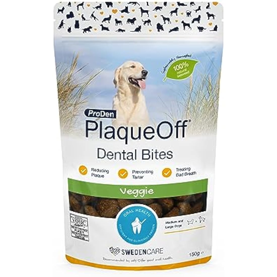 ProDen PlaqueOff Dental Bites for Dogs Tartar & Bad Breath Remover 100% Natural Teeth Cleaner and Tartar Remover - Improve Overall Oral Health - 150g