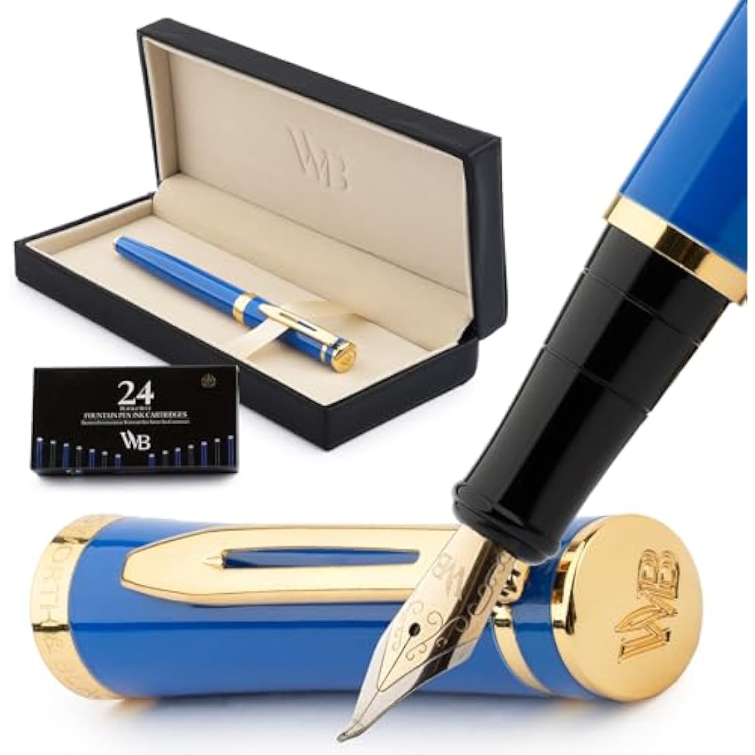 Wordsworth & Black Fountain Pen Set, Bent Nib, Includes 24 Pack Ink Cartridges, Ink Refill Converter & Gift Box, Calligraphy, [Imperial Blue], Perfect for Men & Women