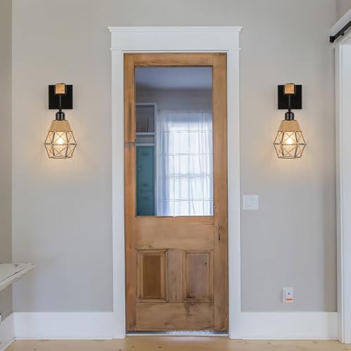 FORCOSO Wall Lights Indoor 2-Pack, Vintage Wood Wall Lamp Black, E27 Sconce Lights, Industrial Lights Fittings, Rustic Rope Lighting Fixtures Living Room Bedrooms Hallway