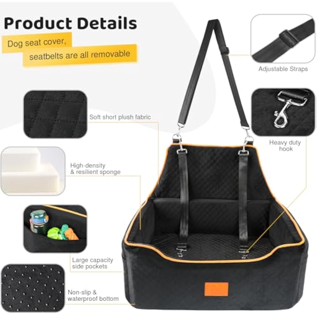 GL GLENSLAVE Dog Car Seat for Large/Medium Dogs, Dog Booster Seat for Pet Under 55Lbs or 2 Small, Detachable and Washable Travel Pet Bed with Thick Cushion and Storage Pockets (Black)