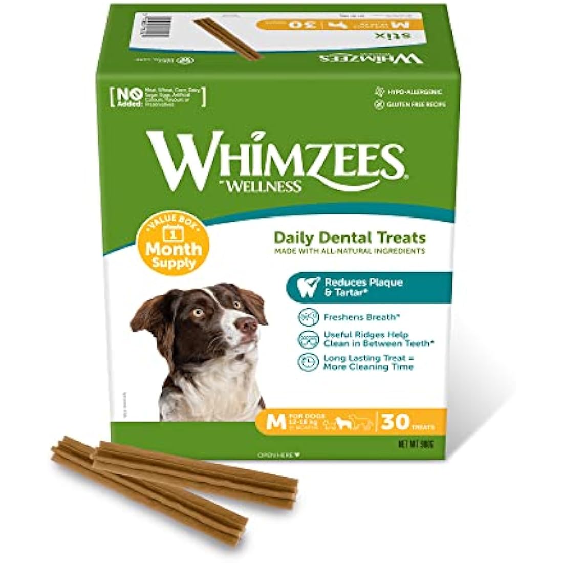 WHIMZEES By Wellness Stix, Dog Dental Sticks, 30 Pieces (1 Month Supply), Size M, Dog Chews for Medium Breeds, Natural, Grain-Free, Rawhide-Free, Vegetarian