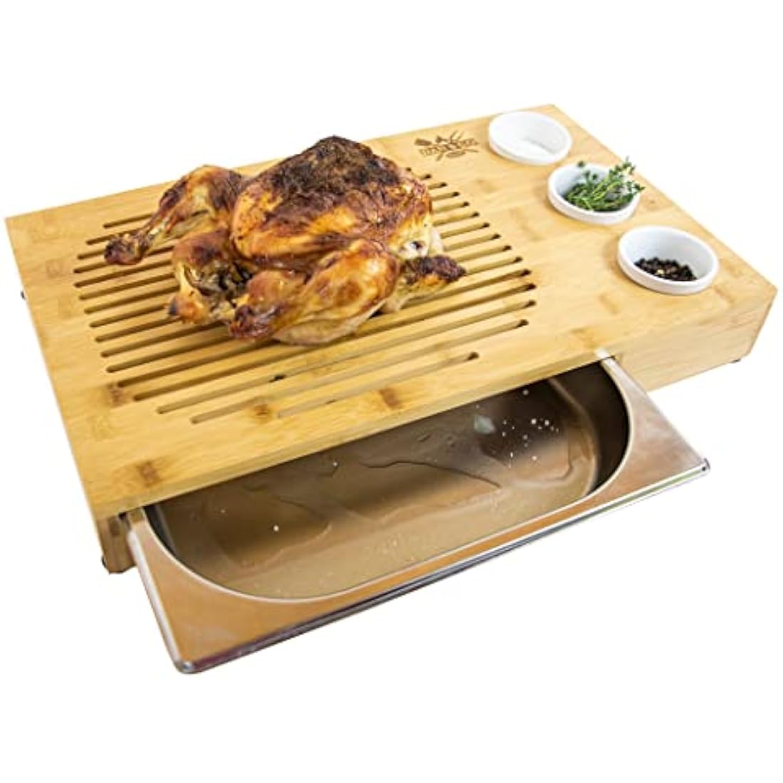 Dan&Co Unique Bamboo Meat Carving Board with Drip Tray and 3 Dipping Pots | 48cm Large Wooden Chopping Board for Kitchen for Preparing, Cutting, Resting, Serving | BBQ Gift