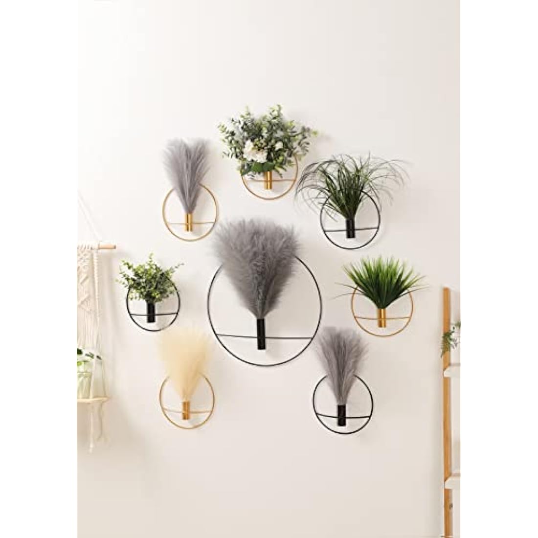 Pretty Jolly Wall Decor Metal Vase Decoration Holder, Mounted Artificial Flowers, Black Fake Pampas 2 Pack, Art Artificial Greenery, Farmhouse, Boho