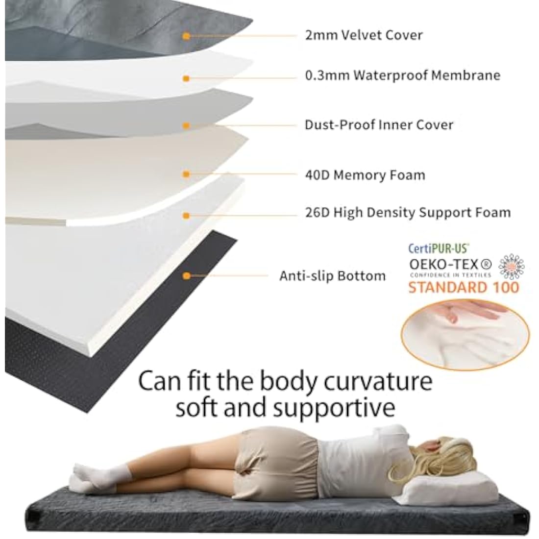 Memory Foam Camping Mattress With Waterproof Velvet Cover,Travel Car Camping,Portable Roll Up Mats,Twin/Single/Cot Size | Indoor Floor Mats, Guest Bed Pads with Carry Bag Removable Cover