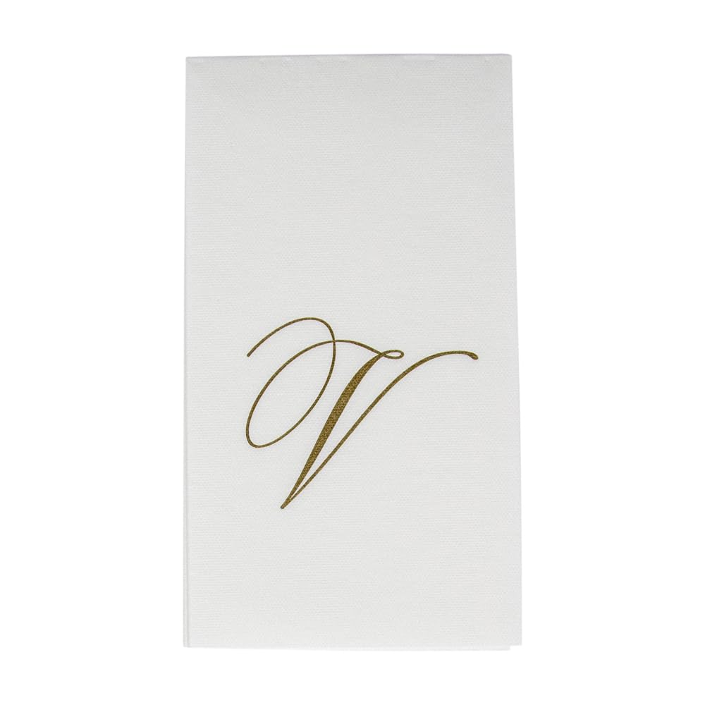 Caspari " Signature Gold Initial V Paper Linen Guest Towels, White Pearl, Pack of 24
