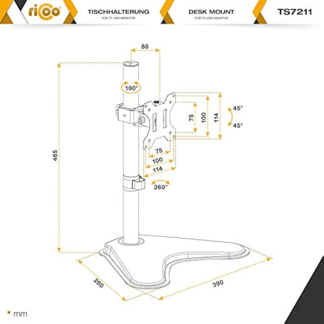 RICOO Single Monitor Stand Tilt Swivel 13-32 Inch TS7211 Universal VESA 75x75 100x100 Mount also Curved Screens Computer Monitor Bracket