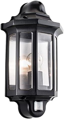 National Lighting Black Outdoor Security Lights - PIR External Wall Light - Motion Sensor Presence Detector Half Lantern Garden Porch Wall Lamp - IP44 Rated 60W GLS ES or LED E27 (Not Included)