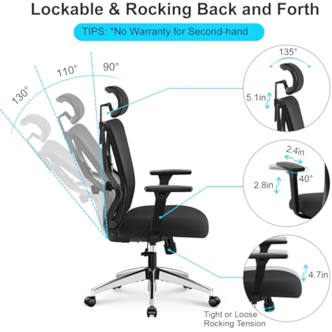 Ticova Ergonomic Office Chair - High Back Desk Chair with Adjustable Lumbar Support, Headrest & 3D Armrest - 130°Rocking Mesh Computer Chair