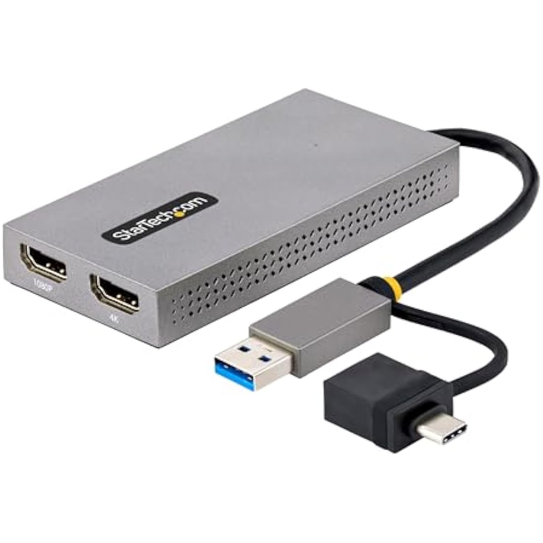StarTech.com USB 3.0 or USB-C to Dual HDMI Adapter for Windows & macOS, 2x HDMI Displays (1x 4K30Hz, 1x 1080p), Integrated USB-A to C Dongle, 4in/11cm Cable (107B-USB-HDMI)