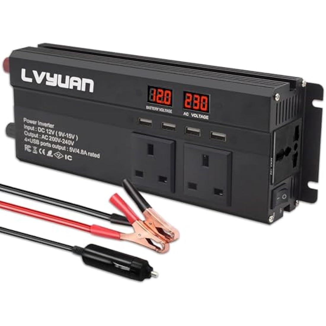 LVYUAN Power Inverter 1200/2500 W DC 12V to 240V AC Car Converter with 4 USB, 3 UK Sockets, Dual LED Display and Fan, Car Adapter, Black