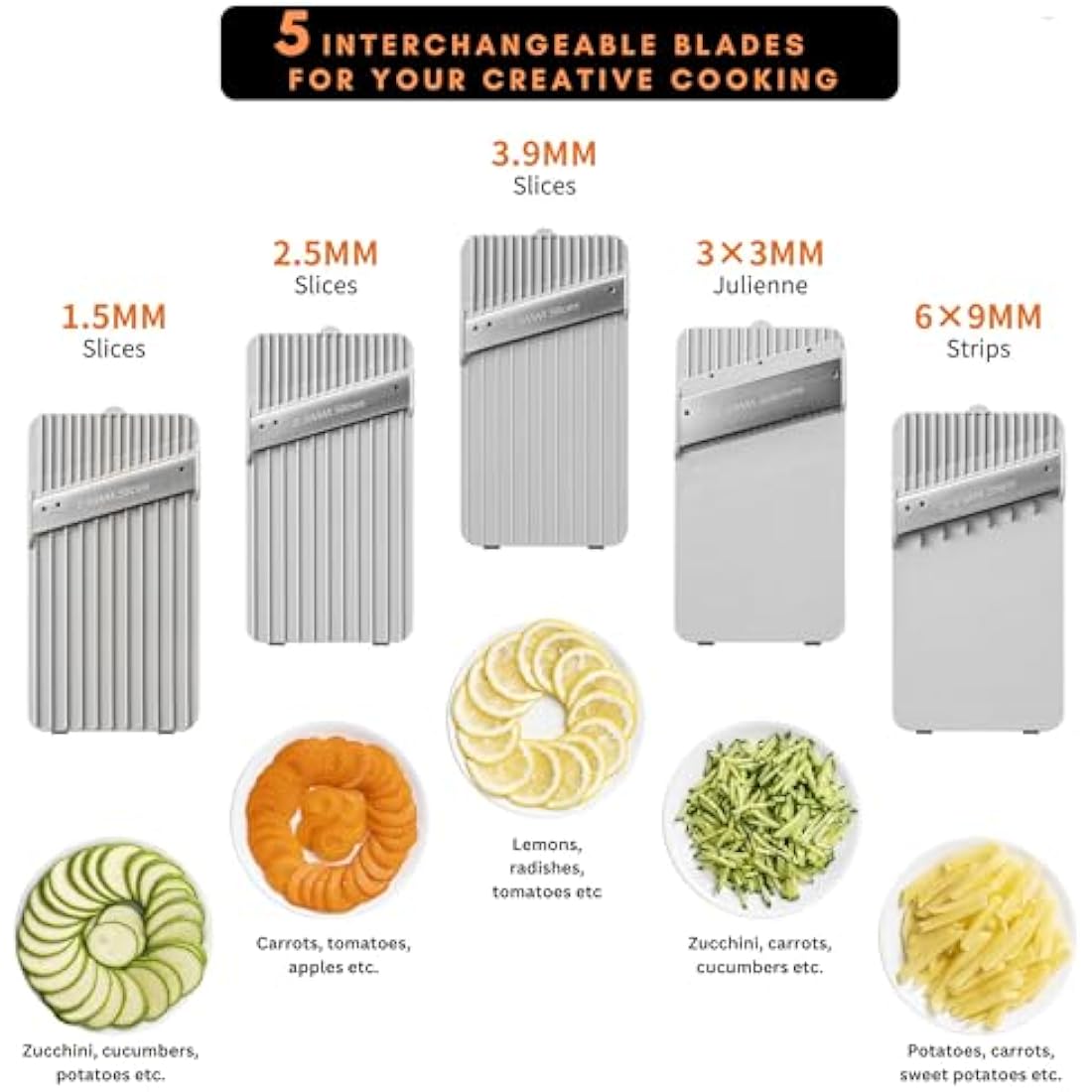 Brieftons Safe Mandoline Vegetable Slicer with 5 Removable Blades to Slice, Julienne, Chip, Chop, Dice Veggies/Fruits, Injury-Free Design, with Catch Container, Cleaning Brush, 5 Recipe Ebooks