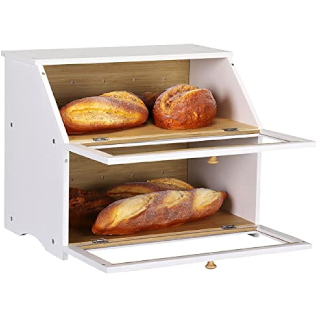 Leader Accessories Double Decker Bamboo Bread Bin 2-Layer Bread Box Large Capacity Bread Storage for Kitchen 15.3"x9.8"x12.6" White