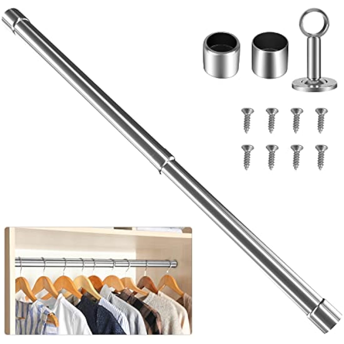 WAENLIR 112cm-210cm Extendable Stainless Steel Wardrobe Rail, Adjustable Clothes Rail Pole With End Sockets.