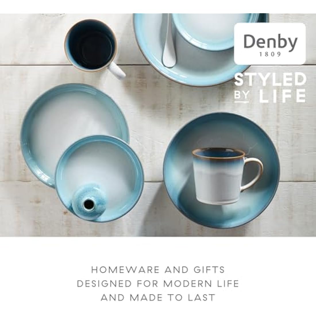 Denby - Azure Haze Blue Coffee Mug Set of 2-400ml Large Stoneware Ceramic Tea Mug Set for Home & Office - Dishwasher Safe, Microwave Safe - Blue, White Reactive Gradient Glaze - Chip Resistant