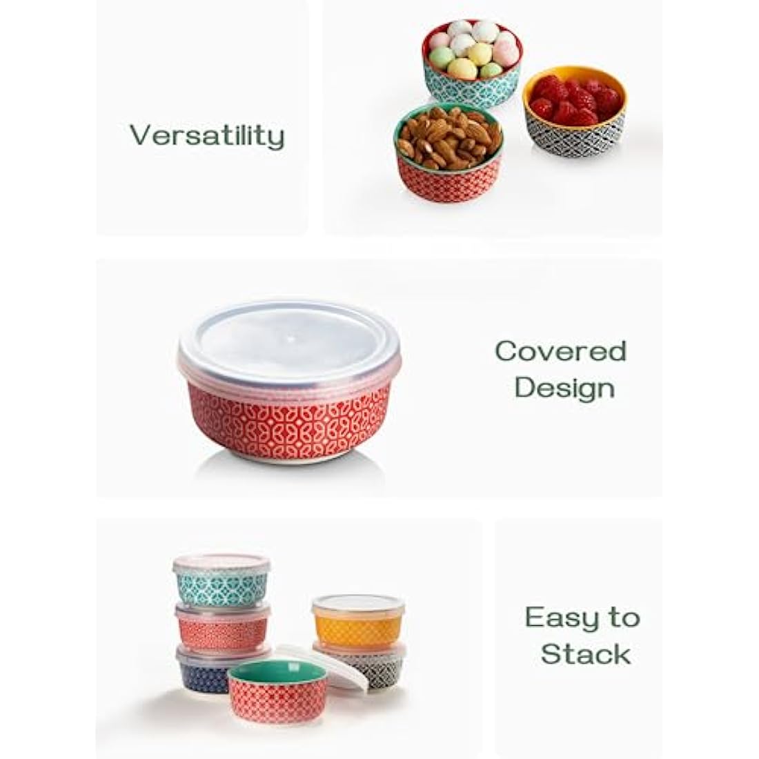 DOWAN 176 ml Dipping Bowls Set of 6, 9 cm Diameter Porcelain Ramekins with Lids for Creme Brulee, Condiment, Olives, Nuts, Souffle Dishes, Oven Safe, Colourful