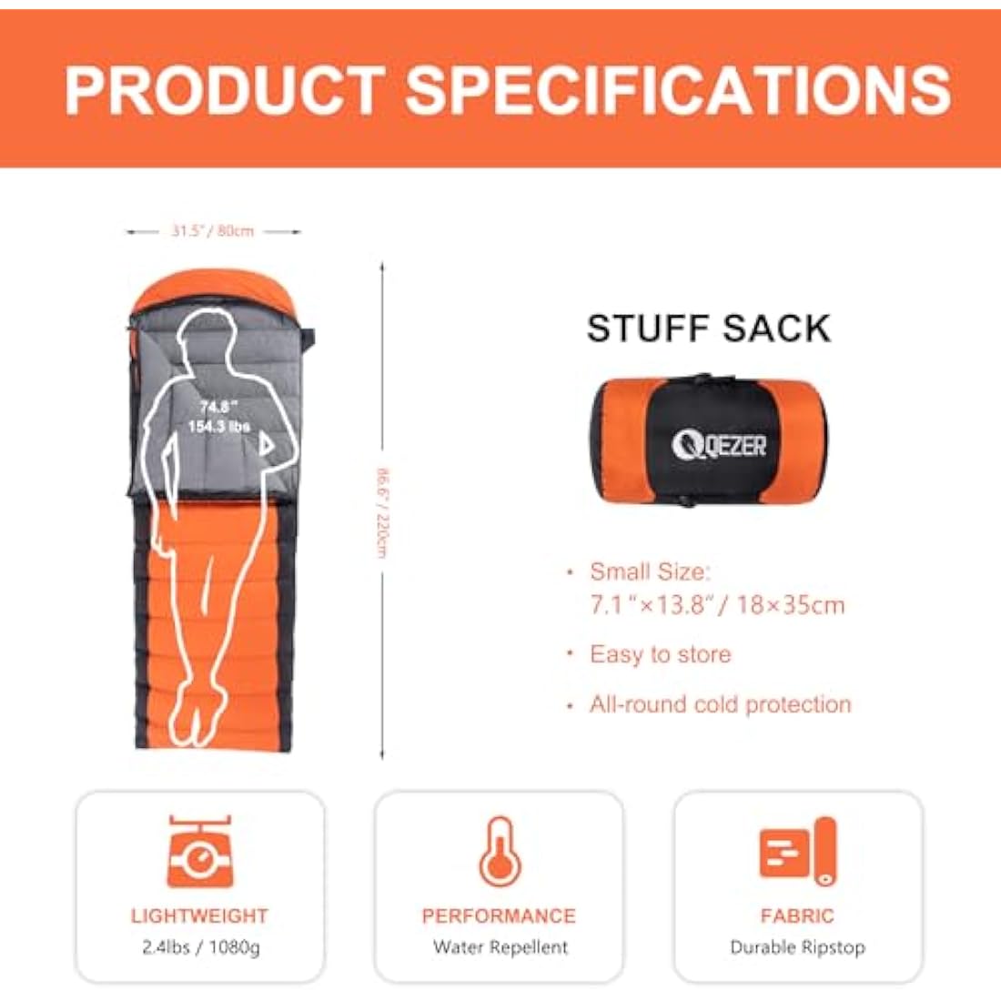 QEZER Down Sleeping Bag,Lightweight Rectangular Winter Sleeping Bag [1180g/1860g] for Adults and Kids 4 Season Camping, Hiking,Warehouse and Moutaineering Outdoor
