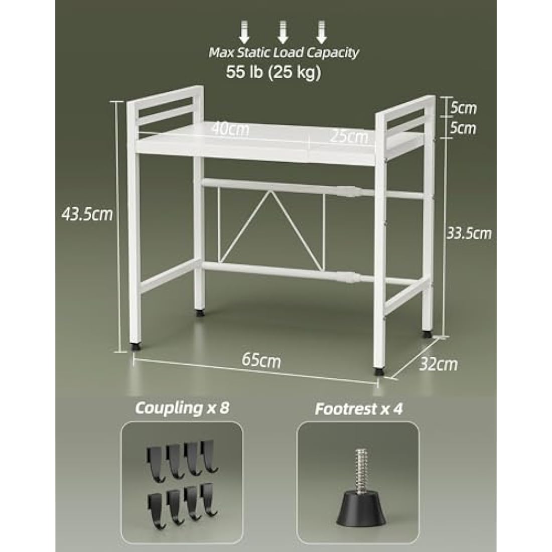 NETEL Expandable Microwave Shelf,2 Tier Microwave Stand with 8 Hooks,air fryer shelf stand,Microwave Oven Rack, Desktop Printer Shelf Rack, Bakers Rack,Kitchen Countertop Organiser Shelves,white