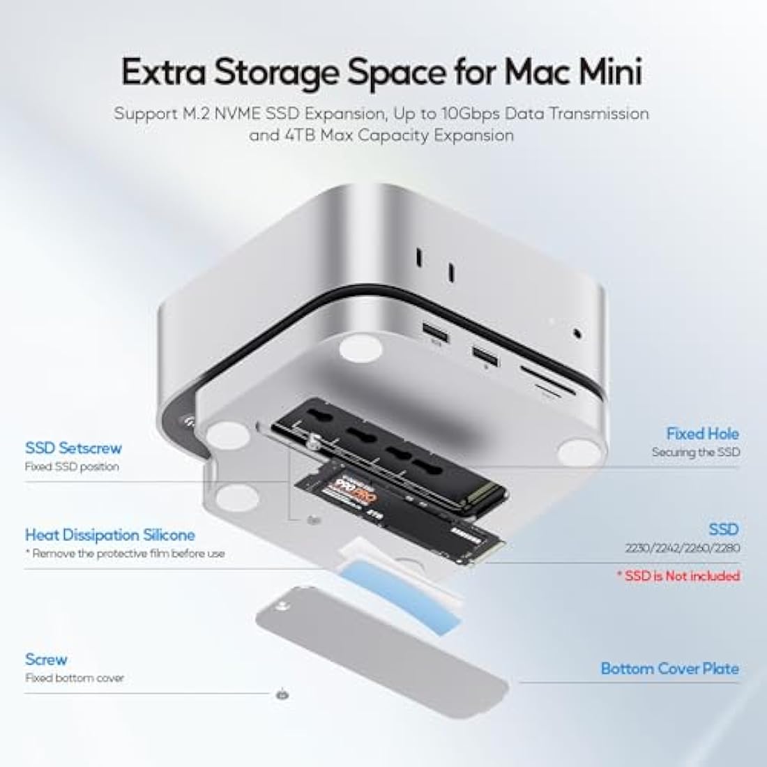 PULWTOP Mac Mini M4 Dock with 4TB M.2 SSD Enclosure (SSD NOT Included), Mac Mini M4/ M4 Pro Hub Stand with HDMI 4K 60Hz, 2024 MacMini USB C Hub Accessories, 3 USB A 2.0, SD/TF Card Slots, 3.5mm Audio