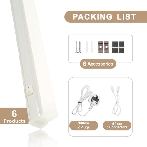Qsmile LED Batten Lights with UK Plug, 6-Pack 4FT 18W 2200lm Garage Lighting, T5 4000K Workshop Lighting, Connect Up to 6 LED Tube Lights, Office Lighting with On/Off Switch, Light Fixture