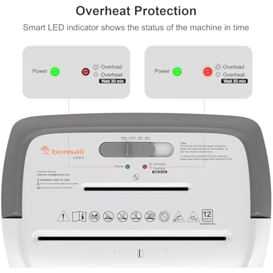 Bonsaii 12-Sheet Cross-Cut Shredder with CD & Credit Card Slot - P4 Security (5x25mm), 21L Bin, REV Mode for Jam Clearance, Overheat Protection - Ideal for Home Heavy Duty & Office Use, C243-A