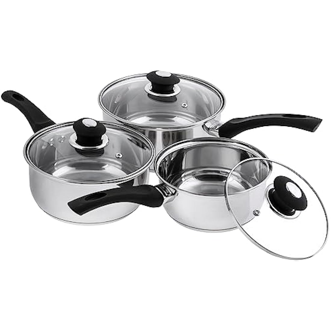 Supreme Vision SS2501 3pc Stainless Sauce pan Set with Glass Lids, Stainlees Steel, 41 x 27 x 5.5 cm