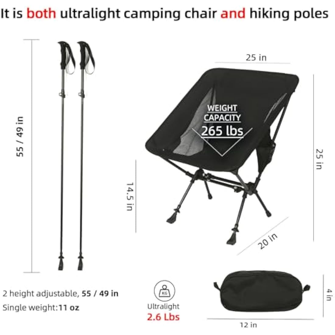 ROCK CLOUD Portable Camping Chair Ultralight Folding Chairs and Trekking Pole 2 in 1 for Outdoor Camp Hiking Backpacking Lawn Beach Sports