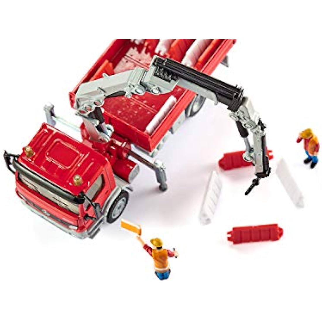 siku 3534, Lorry with Loading Area and Crane, 1:50, Metal,Plastic, Red, Incl. 2 toy figures and 12 traffic barriers