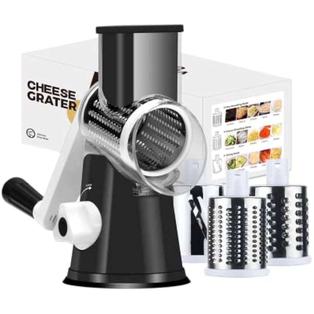 Ourokhome Rotary Cheese Grater Vegetable Slicer - Rotary Round Drum Grater Chopper with 3 Stainless Steel Drums Strong Suction Base (Black)