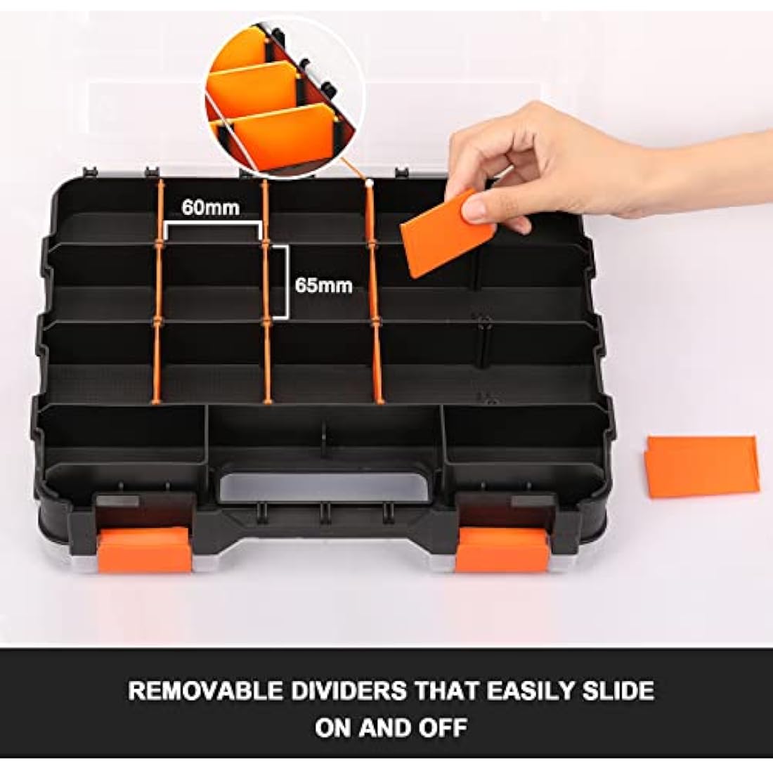 CASOMAN Double Side Tool Organizer, with Impact Resistant Polymer and Customizable Removable Plastic Dividers, Hardware Box Storage, Excellent for Screws,Nuts,Small Parts, Black/Orange. 2-Pieces Pack